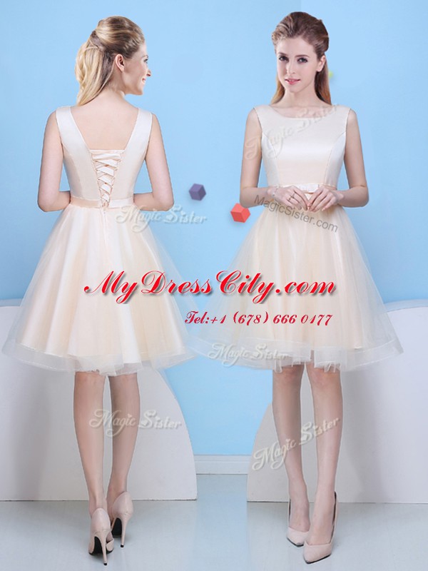 Pretty Champagne Sleeveless Knee Length Bowknot Lace Up Quinceanera Court of Honor Dress