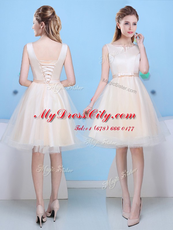 Pretty Champagne Sleeveless Knee Length Bowknot Lace Up Quinceanera Court of Honor Dress