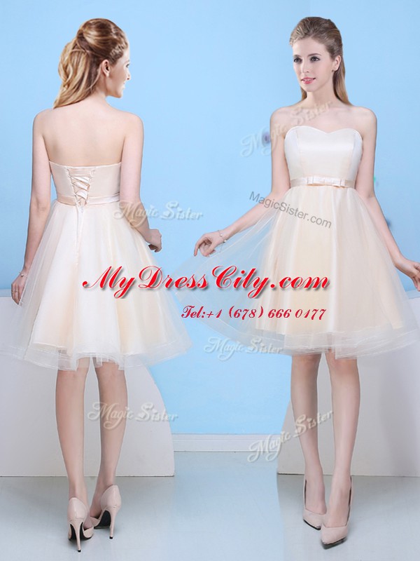 Pretty Champagne Sleeveless Knee Length Bowknot Lace Up Quinceanera Court of Honor Dress