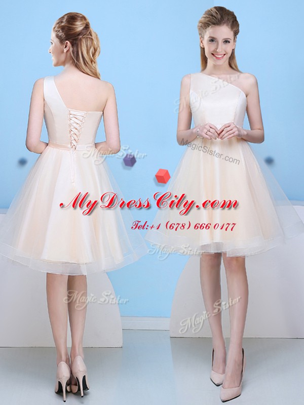 Pretty Champagne Sleeveless Knee Length Bowknot Lace Up Quinceanera Court of Honor Dress