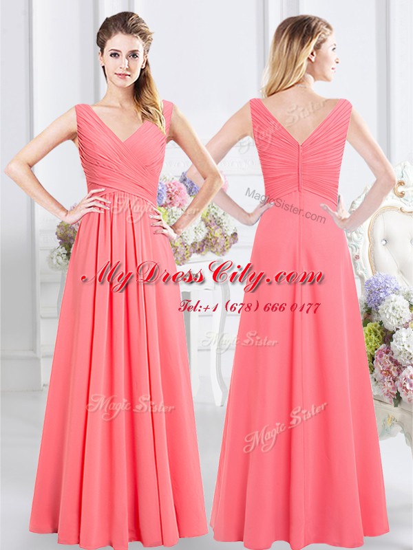 Glorious Watermelon Red Sleeveless Chiffon Zipper Quinceanera Court of Honor Dress for Prom and Party and Wedding Party