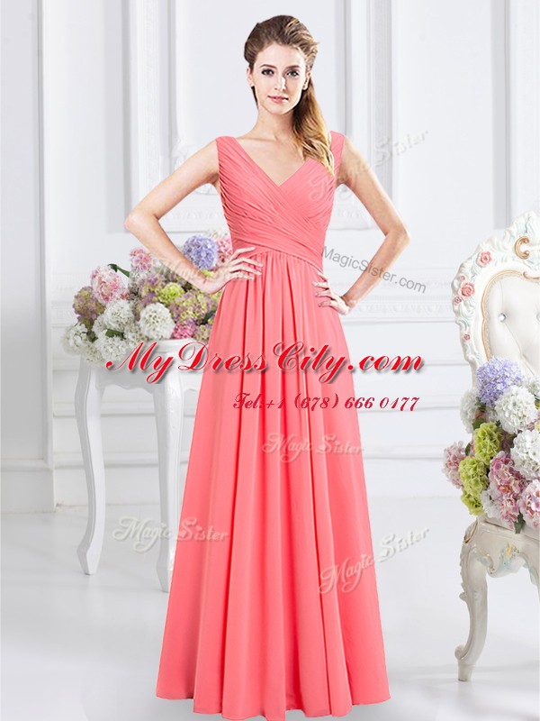 Glorious Watermelon Red Sleeveless Chiffon Zipper Quinceanera Court of Honor Dress for Prom and Party and Wedding Party