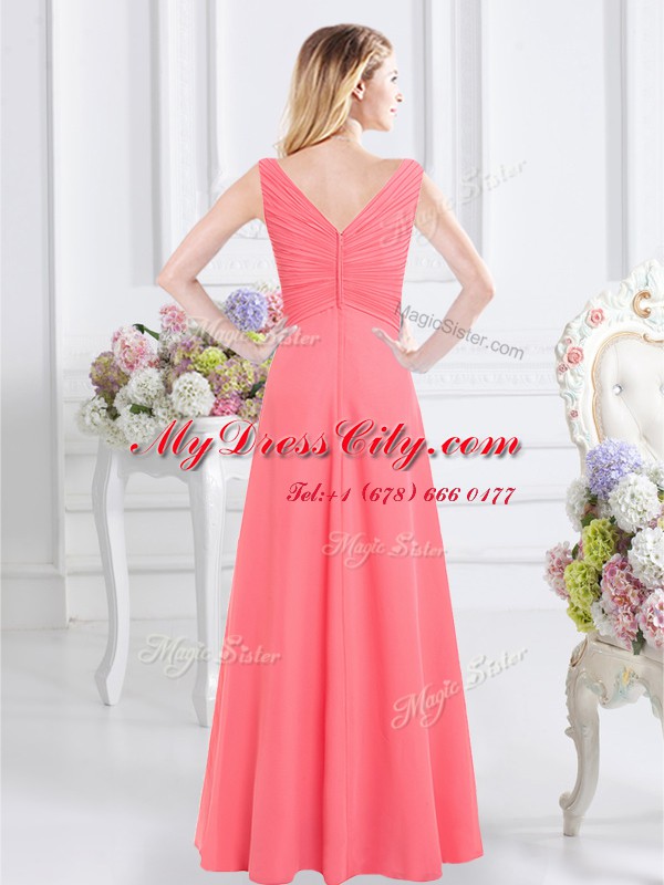 Glorious Watermelon Red Sleeveless Chiffon Zipper Quinceanera Court of Honor Dress for Prom and Party and Wedding Party