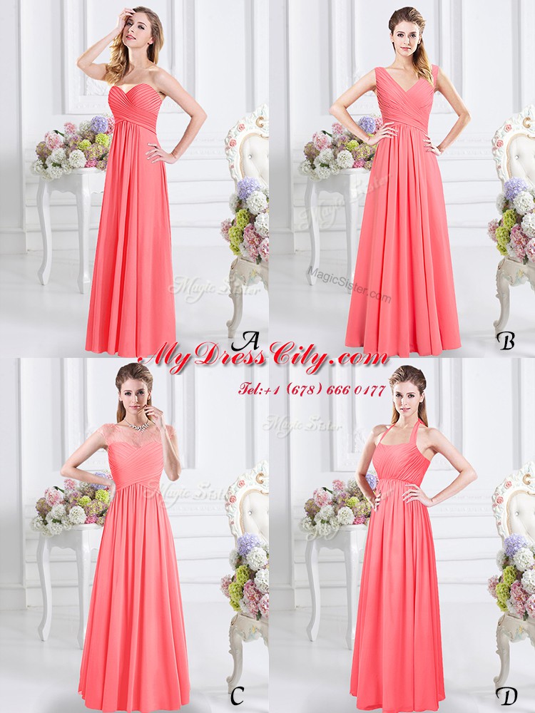 Glorious Watermelon Red Sleeveless Chiffon Zipper Quinceanera Court of Honor Dress for Prom and Party and Wedding Party