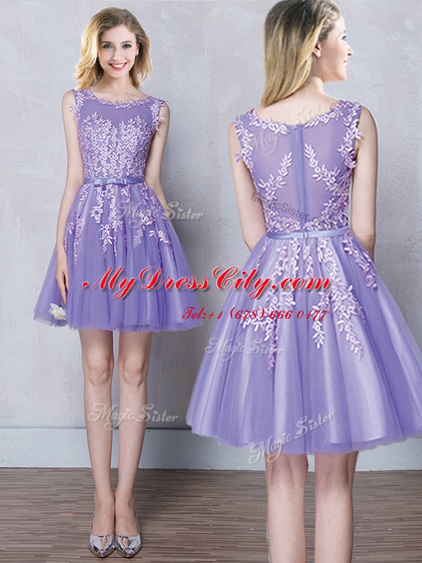 Sumptuous Scoop Appliques and Belt Damas Dress Lavender Zipper Sleeveless Mini Length