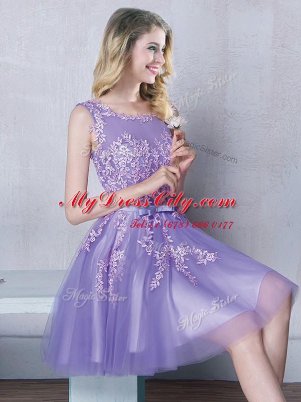 Sumptuous Scoop Appliques and Belt Damas Dress Lavender Zipper Sleeveless Mini Length