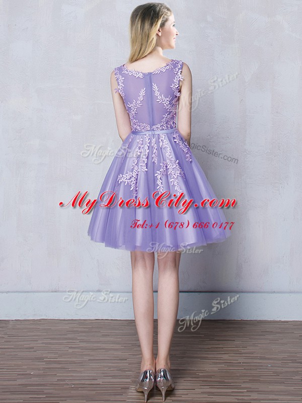 Sumptuous Scoop Appliques and Belt Damas Dress Lavender Zipper Sleeveless Mini Length