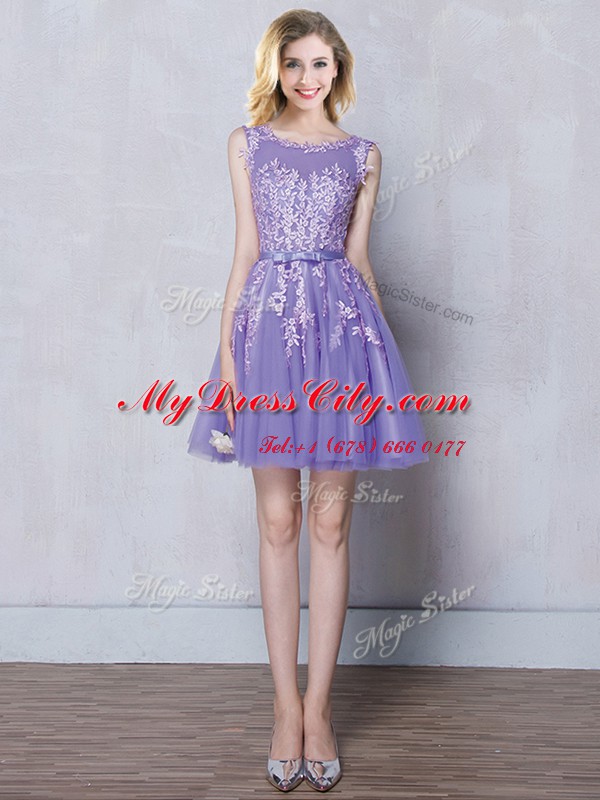 Sumptuous Scoop Appliques and Belt Damas Dress Lavender Zipper Sleeveless Mini Length