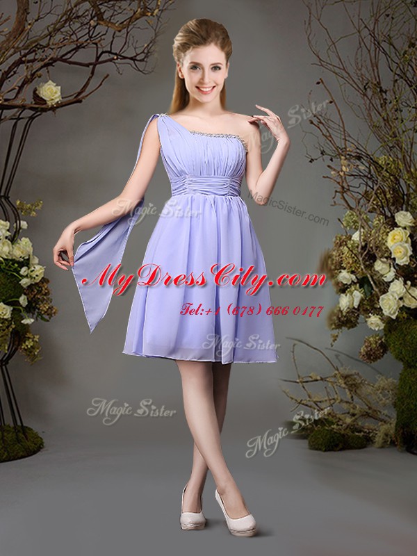 Amazing One Shoulder Lavender Sleeveless Chiffon Zipper Dama Dress for Quinceanera for Prom and Party and Wedding Party