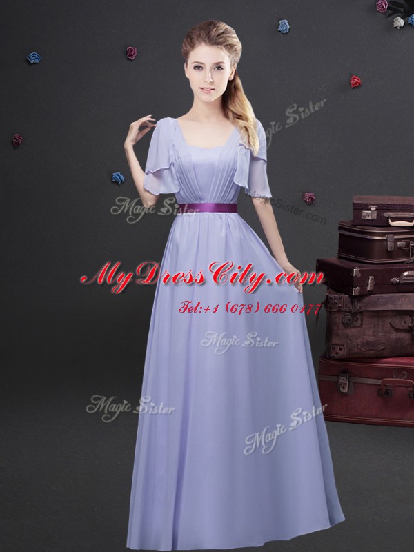 Lavender Empire Square Short Sleeves Chiffon Floor Length Zipper Ruching and Belt Bridesmaid Gown