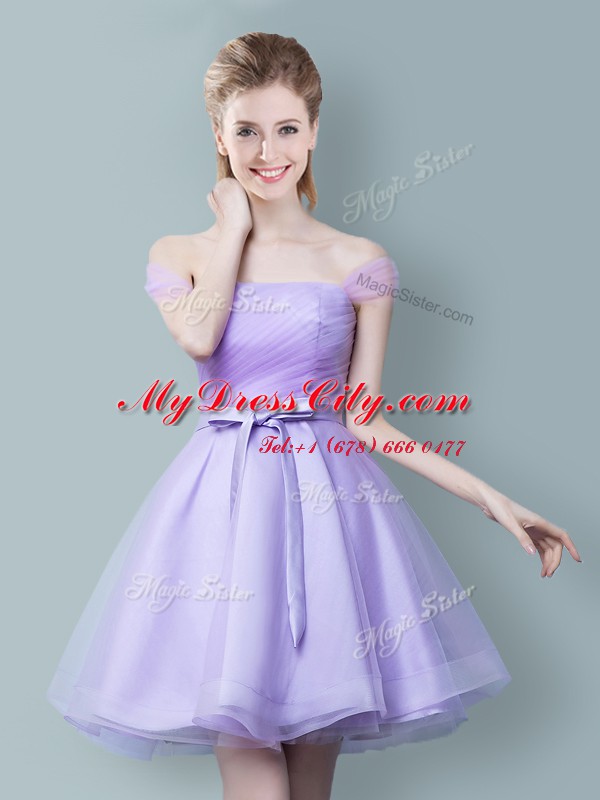 Off the Shoulder Sleeveless Knee Length Ruching and Bowknot Zipper Bridesmaids Dress with Lavender