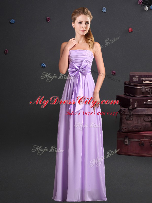 Classical Lavender Sleeveless Ruching and Bowknot Floor Length Bridesmaid Gown