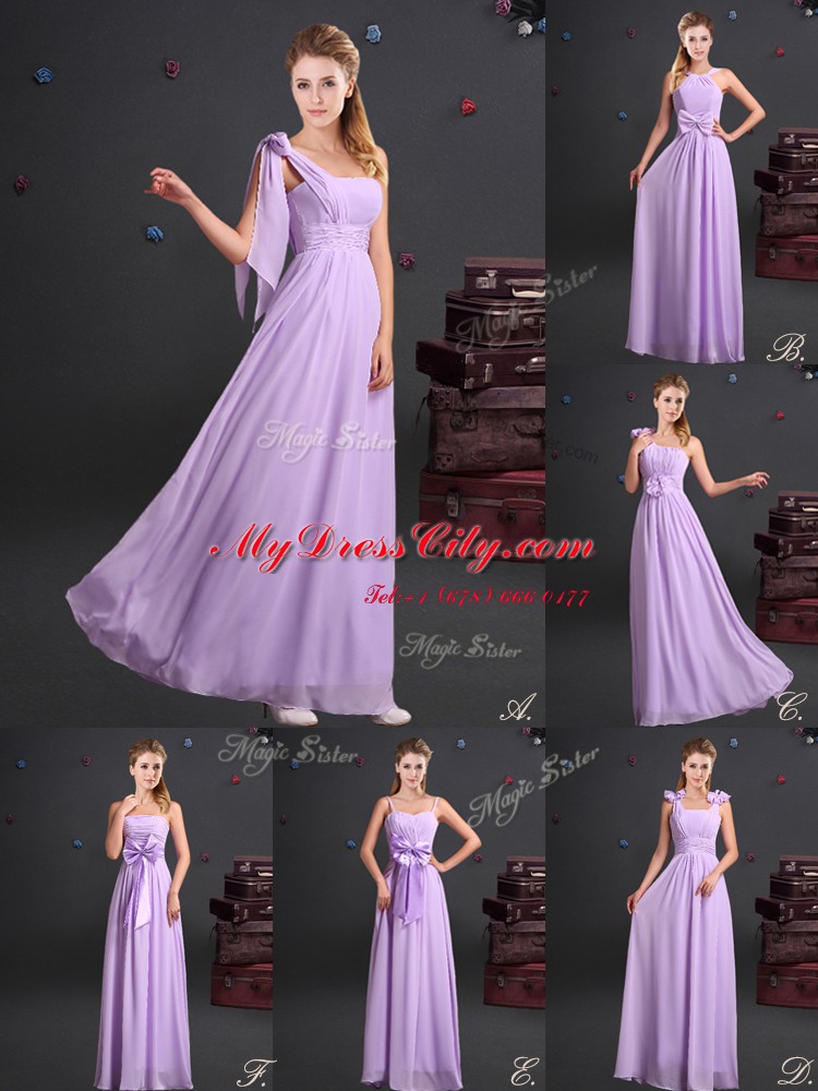 Classical Lavender Sleeveless Ruching and Bowknot Floor Length Bridesmaid Gown