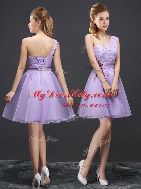 Lavender One Shoulder Lace Up Lace Bridesmaid Dress Sleeveless