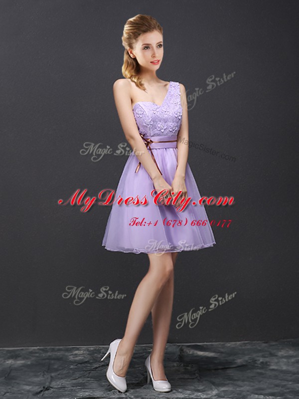 Lavender One Shoulder Lace Up Lace Bridesmaid Dress Sleeveless