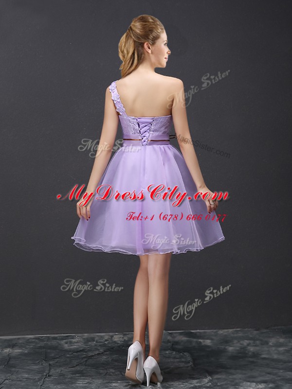 Lavender One Shoulder Lace Up Lace Bridesmaid Dress Sleeveless