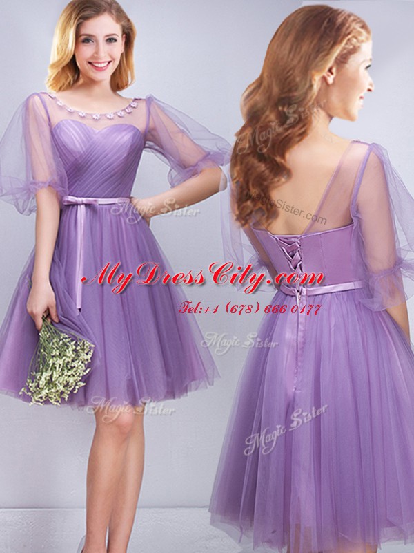 Scoop Lavender Lace Up Quinceanera Dama Dress Appliques and Ruching and Belt Half Sleeves Mini Length