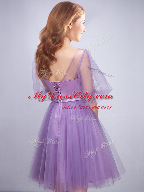 Scoop Lavender Lace Up Quinceanera Dama Dress Appliques and Ruching and Belt Half Sleeves Mini Length