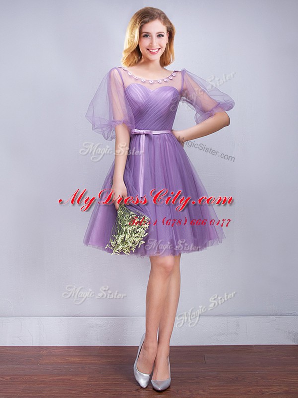 Scoop Lavender Lace Up Quinceanera Dama Dress Appliques and Ruching and Belt Half Sleeves Mini Length