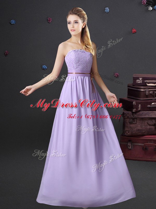 Enchanting Lavender Sleeveless Floor Length Lace and Belt Lace Up Bridesmaids Dress