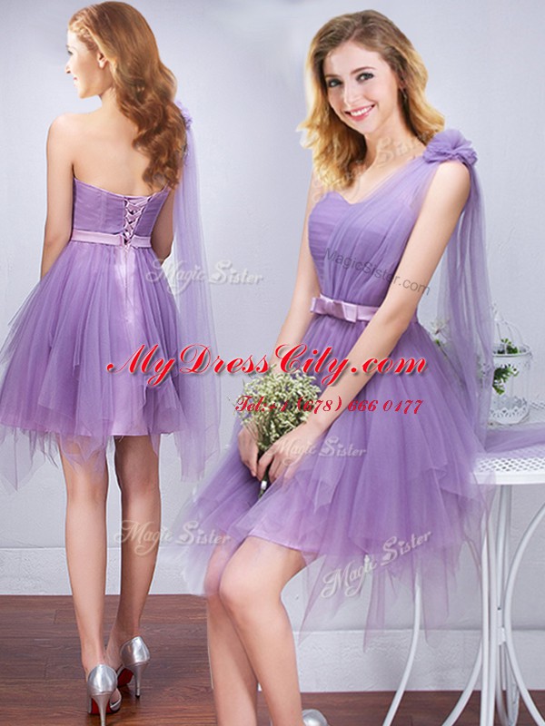 Stylish A-line Quinceanera Court of Honor Dress Lavender One Shoulder Tulle Sleeveless Mini Length Lace Up