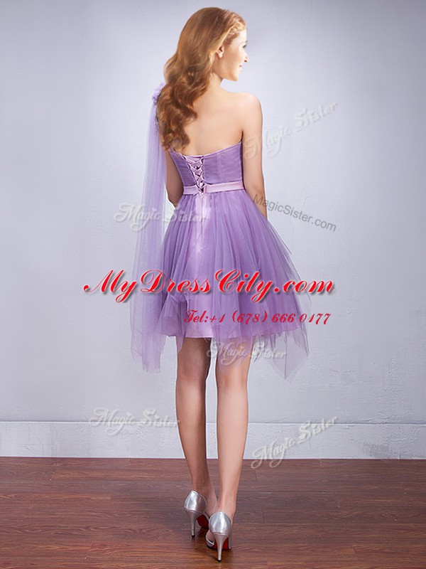 Stylish A-line Quinceanera Court of Honor Dress Lavender One Shoulder Tulle Sleeveless Mini Length Lace Up