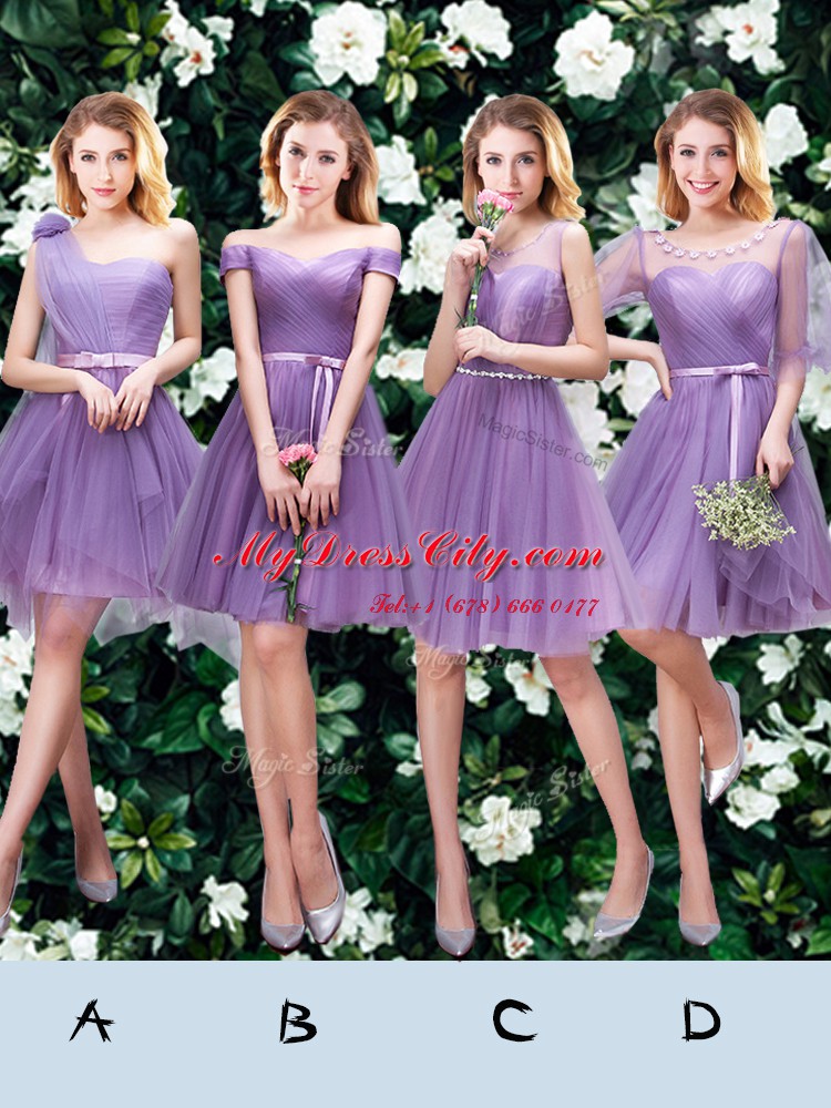 Stylish A-line Quinceanera Court of Honor Dress Lavender One Shoulder Tulle Sleeveless Mini Length Lace Up