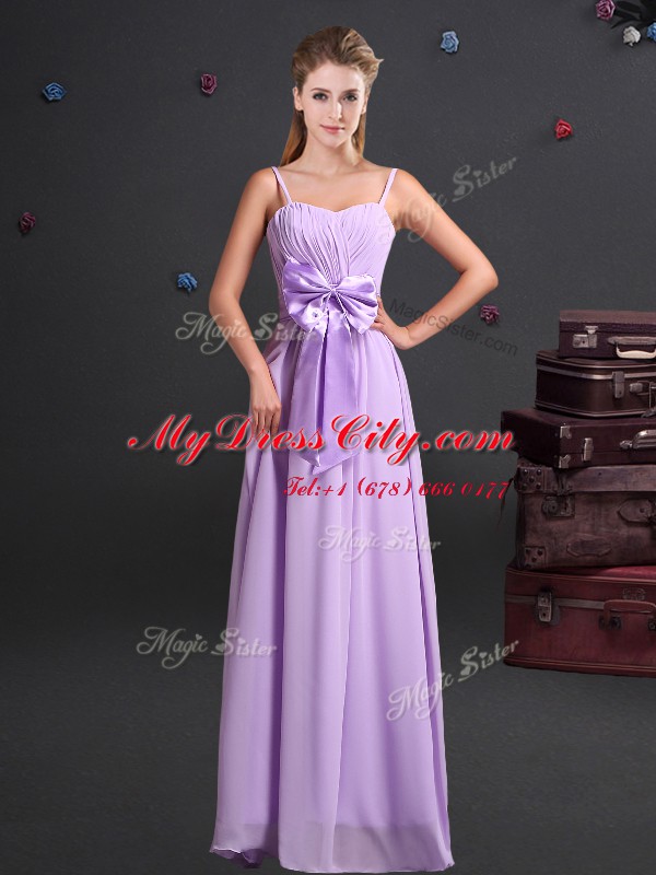 High End Sleeveless Chiffon Floor Length Zipper Bridesmaids Dress in Lavender with Ruching and Bowknot