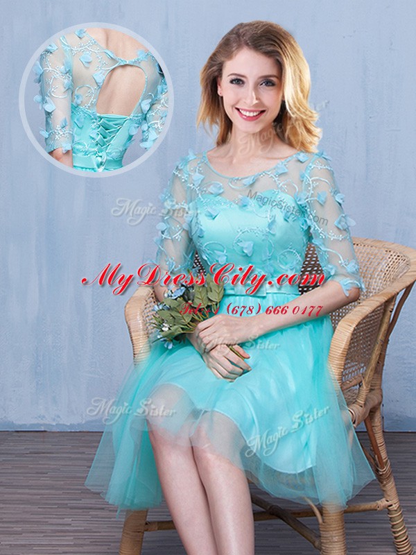 Excellent Scoop Sleeveless Damas Dress Knee Length Lace and Appliques and Bowknot Aqua Blue Tulle