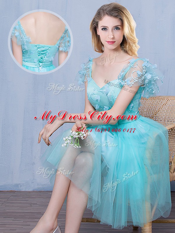 Excellent Scoop Sleeveless Damas Dress Knee Length Lace and Appliques and Bowknot Aqua Blue Tulle