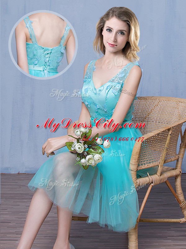 Excellent Scoop Sleeveless Damas Dress Knee Length Lace and Appliques and Bowknot Aqua Blue Tulle