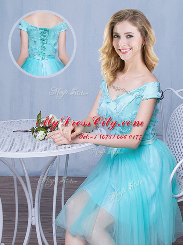 Excellent Scoop Sleeveless Damas Dress Knee Length Lace and Appliques and Bowknot Aqua Blue Tulle