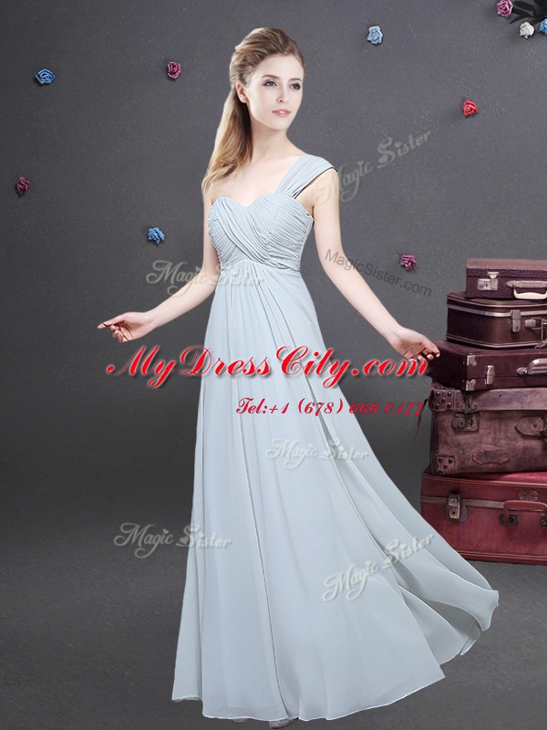 Suitable One Shoulder Grey Sleeveless Ruching Floor Length Bridesmaid Dress