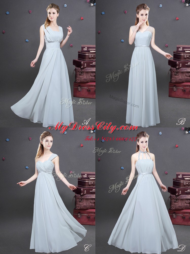 Suitable One Shoulder Grey Sleeveless Ruching Floor Length Bridesmaid Dress