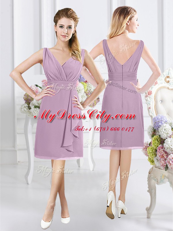 Lavender Chiffon Zipper V-neck Sleeveless Knee Length Quinceanera Court Dresses Ruching