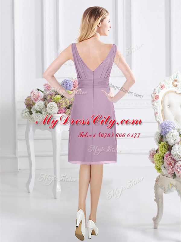 Lavender Chiffon Zipper V-neck Sleeveless Knee Length Quinceanera Court Dresses Ruching