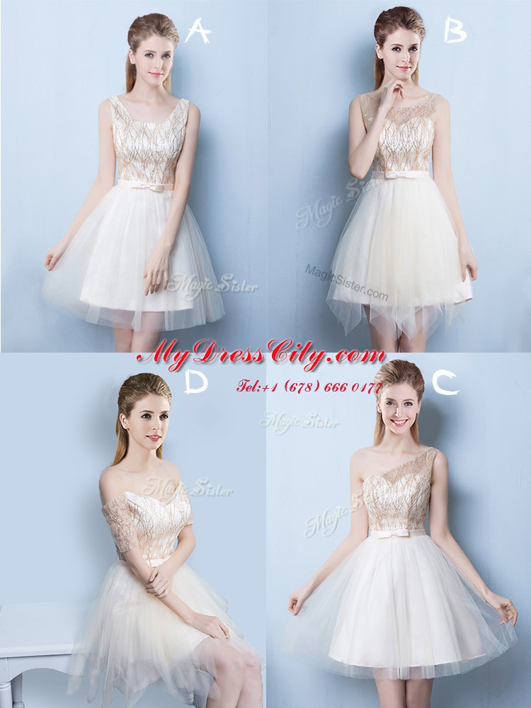 Flirting Scoop Sleeveless Tulle Asymmetrical Lace Up Bridesmaids Dress in Champagne with Sequins and Bowknot