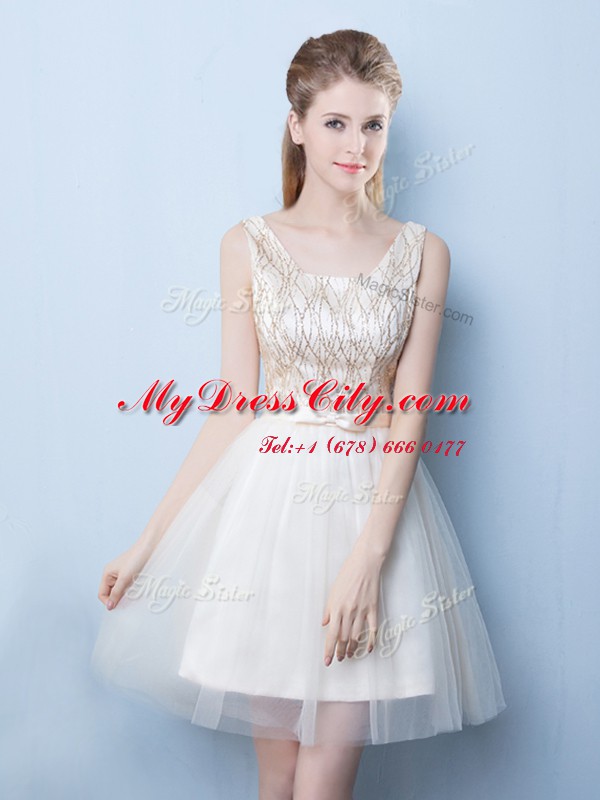 Fashionable Square Champagne Sleeveless Mini Length Sequins and Bowknot Lace Up Quinceanera Court Dresses