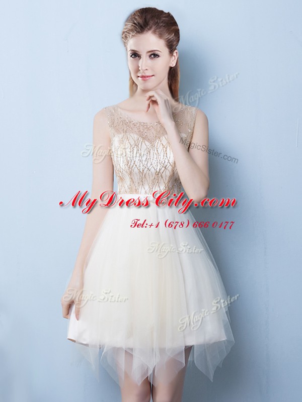 Fashionable Square Champagne Sleeveless Mini Length Sequins and Bowknot Lace Up Quinceanera Court Dresses