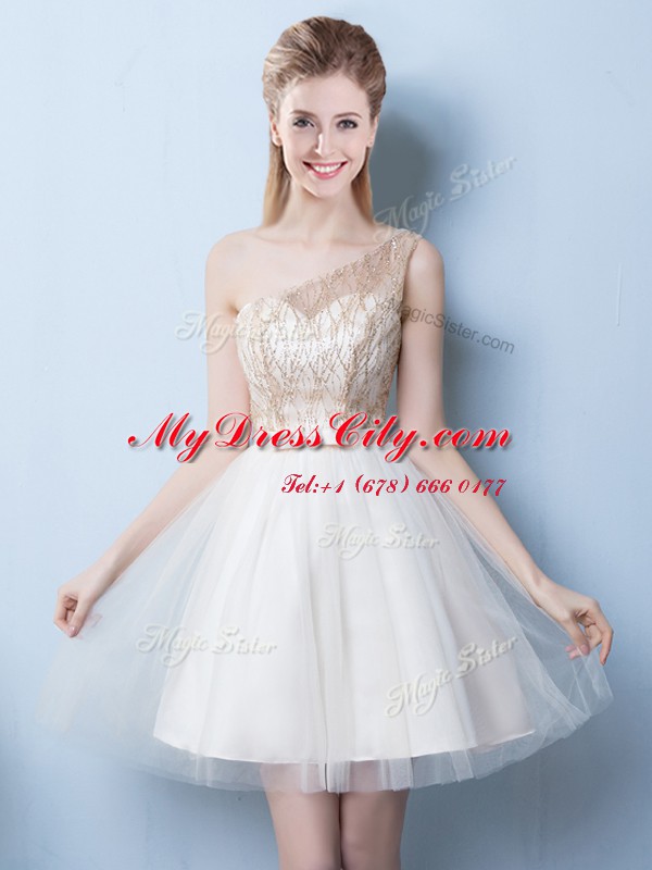 Fashionable Square Champagne Sleeveless Mini Length Sequins and Bowknot Lace Up Quinceanera Court Dresses