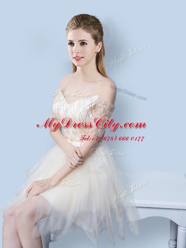 Fashionable Square Champagne Sleeveless Mini Length Sequins and Bowknot Lace Up Quinceanera Court Dresses