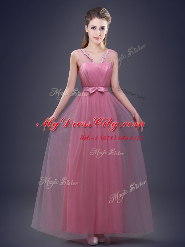 Tulle V-neck Sleeveless Lace Up Appliques and Ruching and Bowknot Dama Dress for Quinceanera in Pink