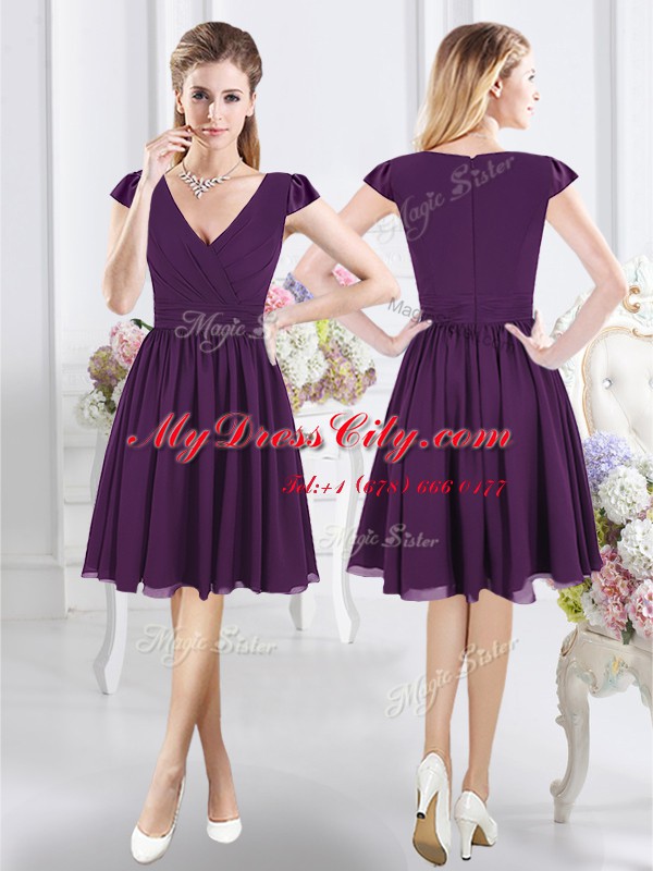 Shining Chiffon V-neck Cap Sleeves Zipper Ruching Bridesmaid Dress in Purple