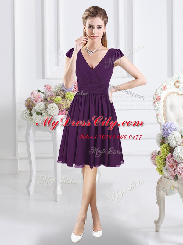 Shining Chiffon V-neck Cap Sleeves Zipper Ruching Bridesmaid Dress in Purple