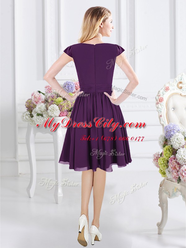 Shining Chiffon V-neck Cap Sleeves Zipper Ruching Bridesmaid Dress in Purple