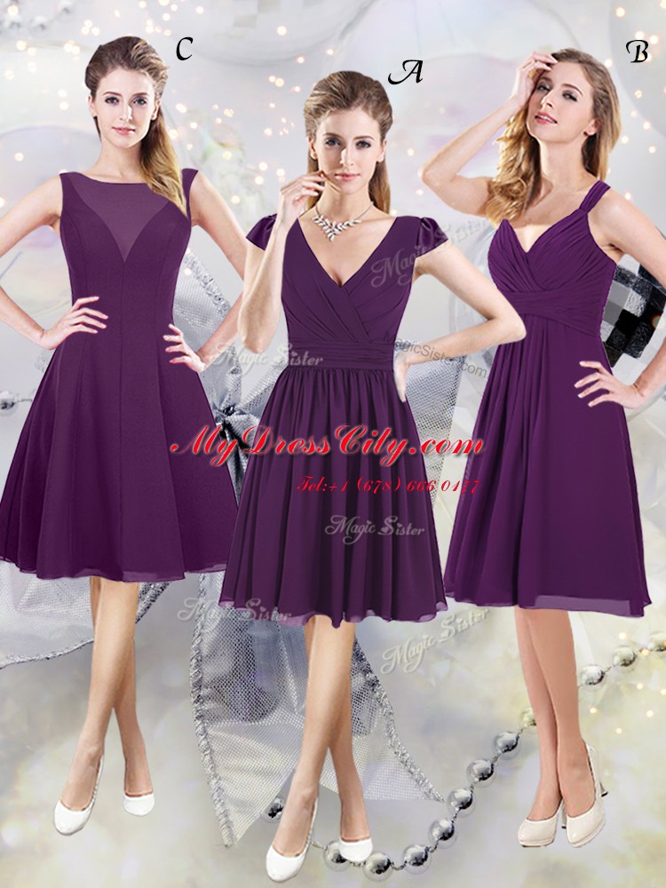 Shining Chiffon V-neck Cap Sleeves Zipper Ruching Bridesmaid Dress in Purple