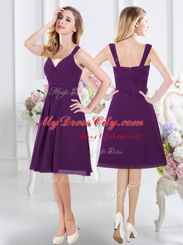 Custom Made Purple Cap Sleeves Knee Length Ruching Zipper Damas Dress