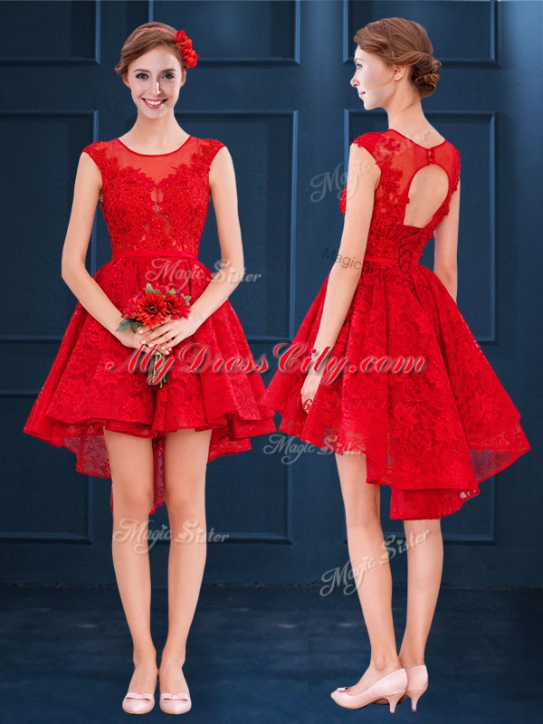 Scoop Red Sleeveless Lace Lace Up Damas Dress for Prom and Party