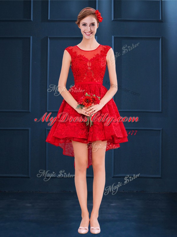 Scoop Red Sleeveless Lace Lace Up Damas Dress for Prom and Party