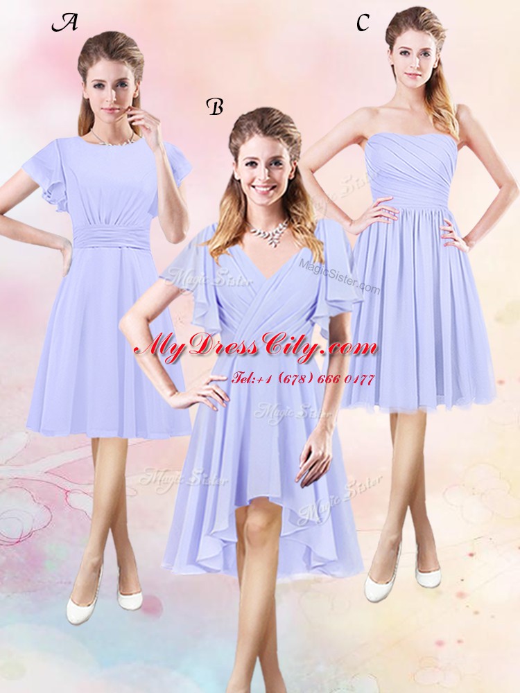 Lavender Bridesmaid Dress Prom and Party and Wedding Party and For with Ruching Scoop Short Sleeves Side Zipper